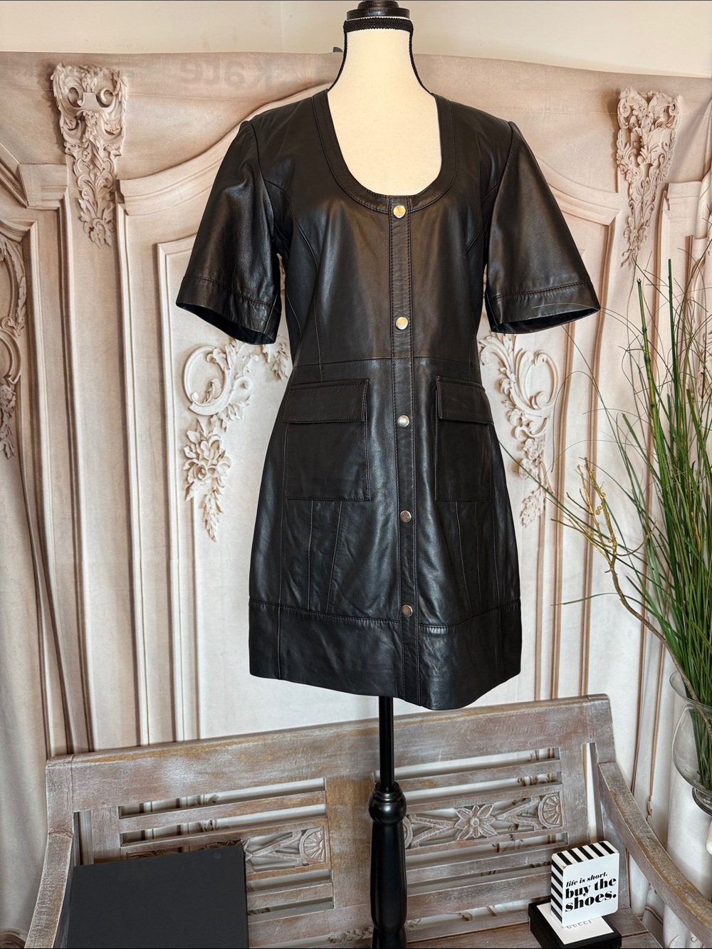 Walter Baker Black Short-Sleeve Leather Snap-Front dress